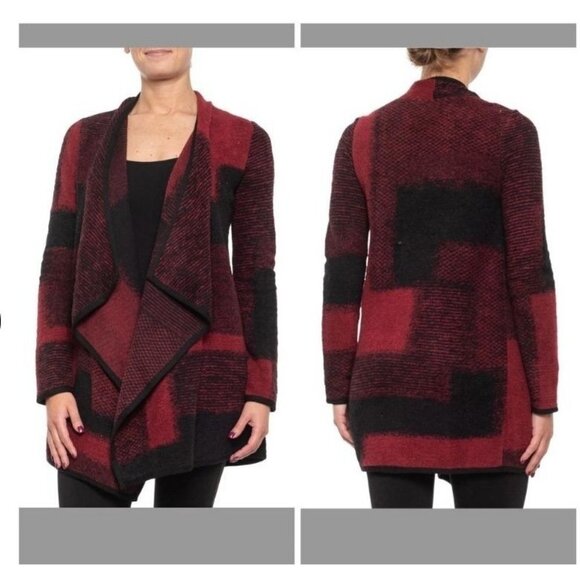 Lucky Brand Waterfall Front‎ Black Red Print Cardigan Tunic Length Small - Picture 1 of 11